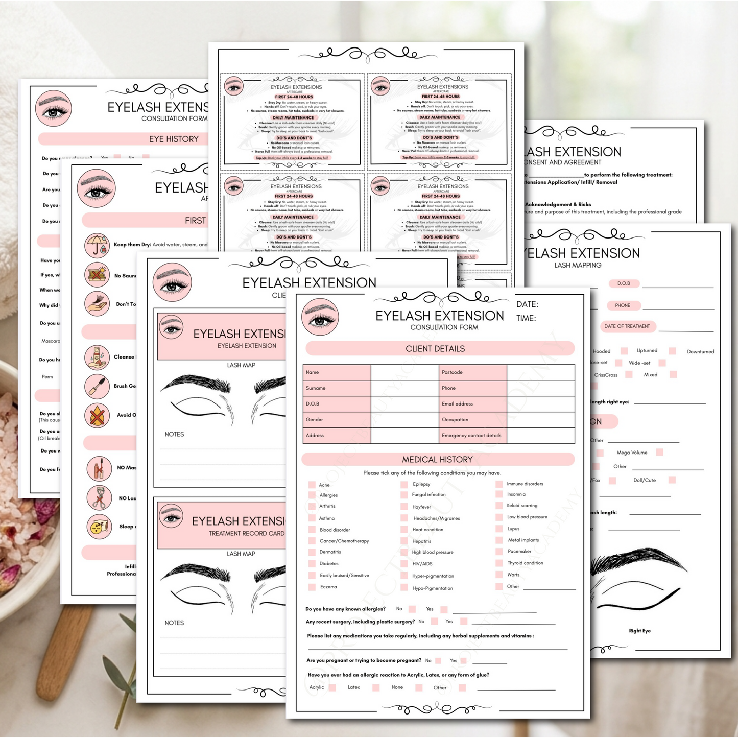 Ultimate Eyelash Extension Bundle | 14-Page Pink & Black/White Editions | Complete Lash Artist Form Set
