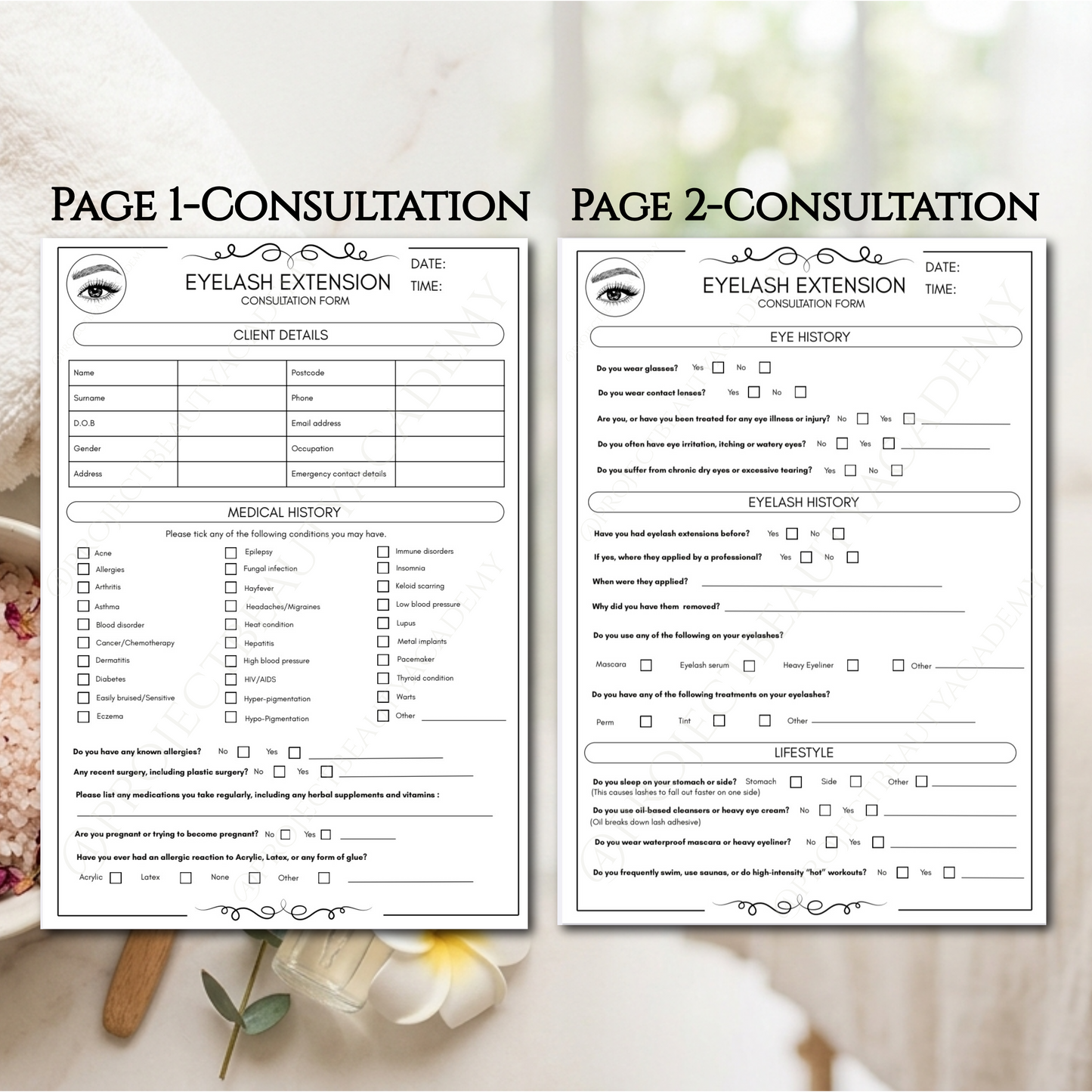 Black & White Eyelash Extension Forms | 7-Page Ink-Friendly Lash Artist Bundle | Digital Download