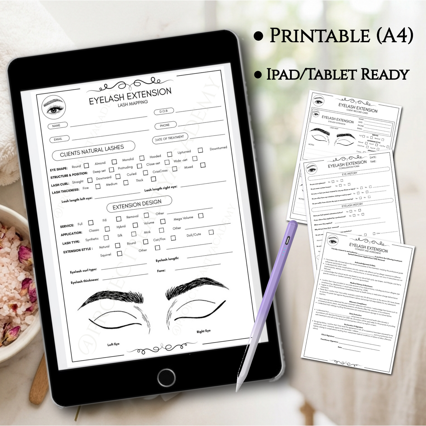 Black & White Eyelash Extension Forms | 7-Page Ink-Friendly Lash Artist Bundle | Digital Download