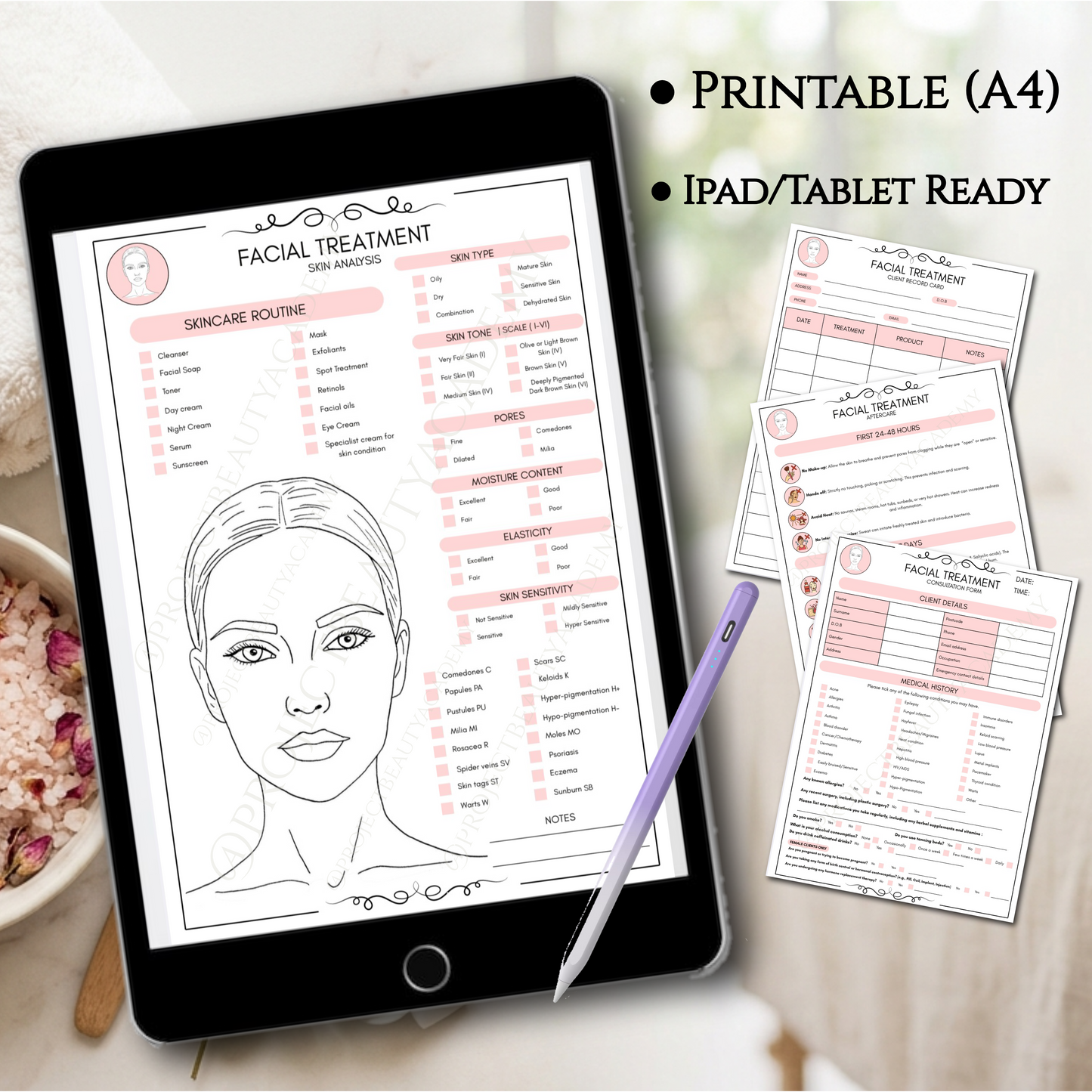 Ultimate Facial Treatment Bundle | 12-Page Pink & Black/White Esthetician Forms | Skincare Consultation & Consent