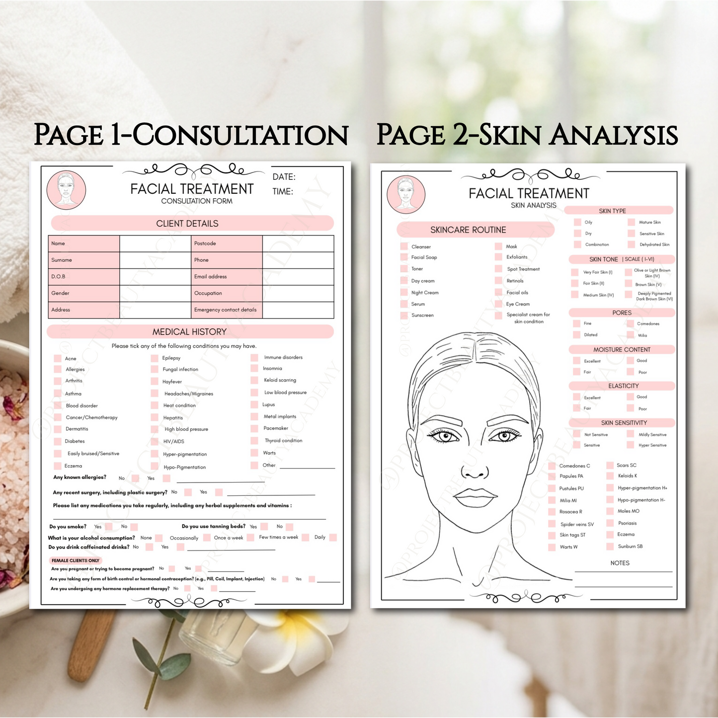 Facial Treatment Forms Bundle | 6-Page Pink Esthetician Consultation & Skin Analysis | Digital Download