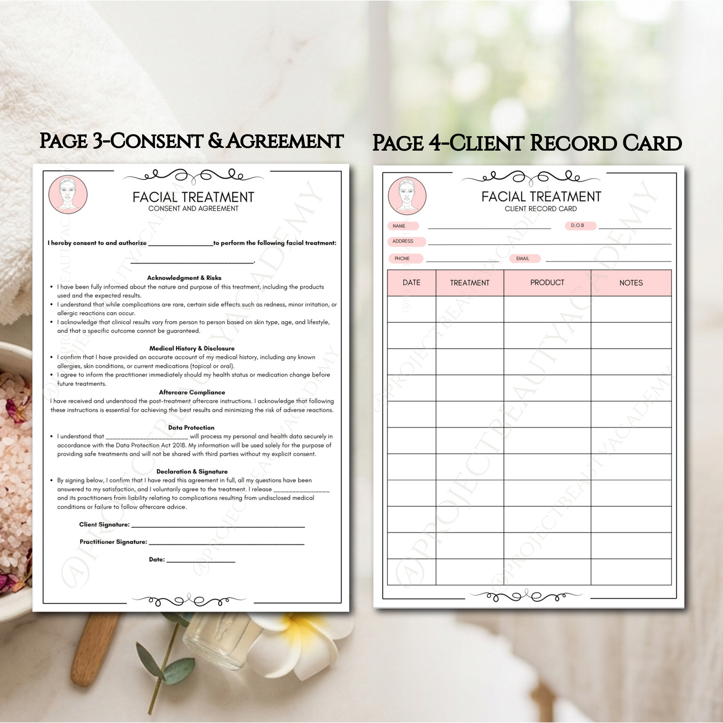 Facial Treatment Forms Bundle | 6-Page Pink Esthetician Consultation & Skin Analysis | Digital Download