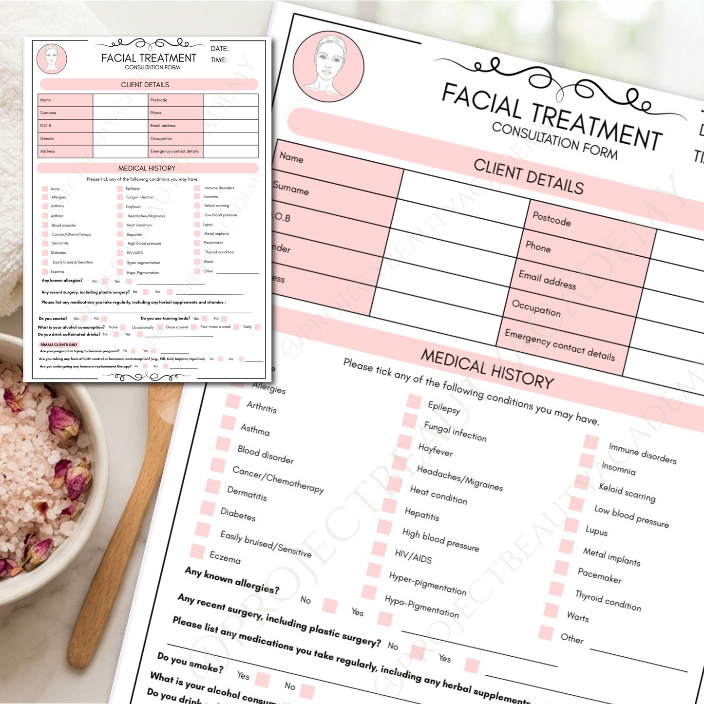 Facial Treatment Forms Bundle | 6-Page Pink Esthetician Consultation & Skin Analysis | Digital Download