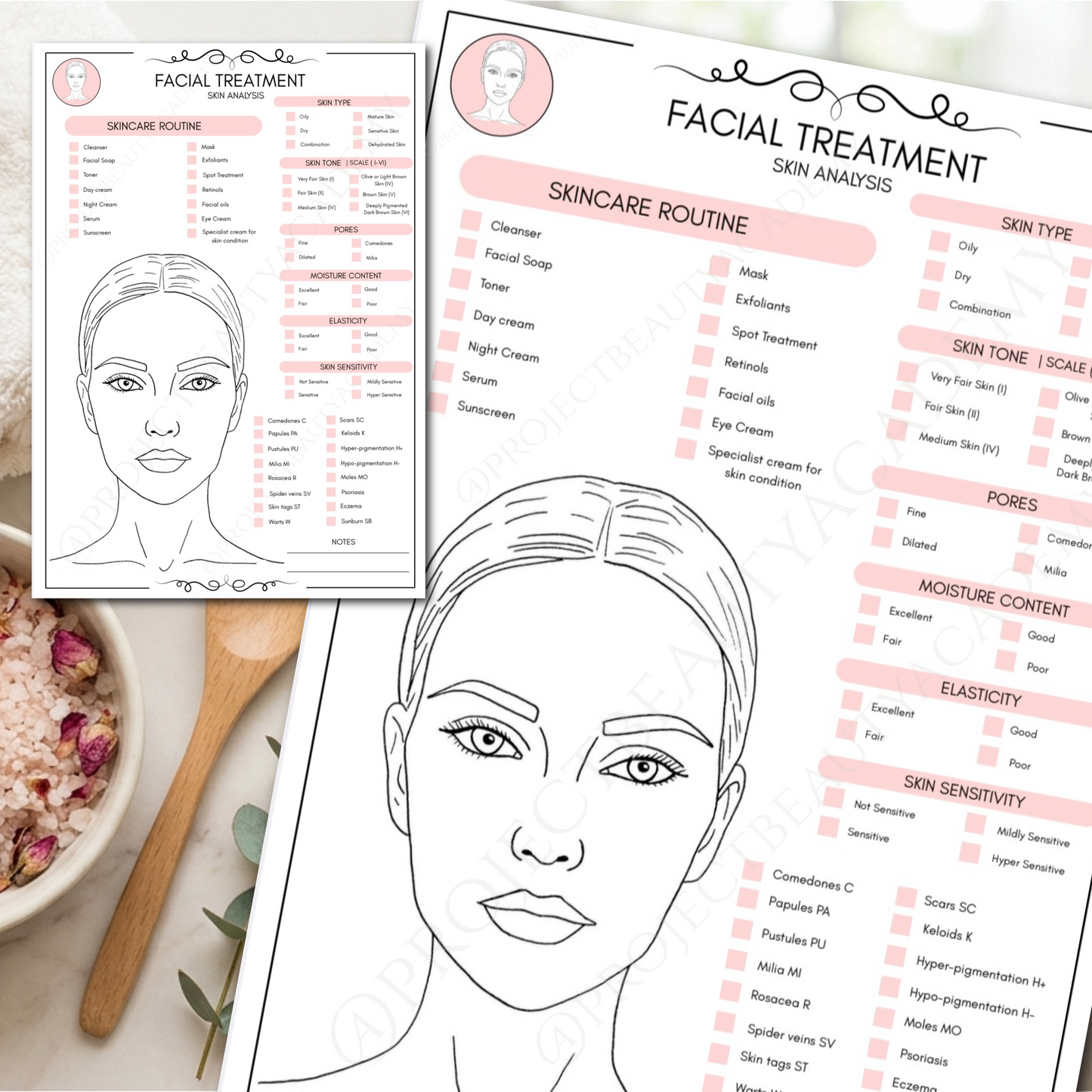 Facial Treatment Forms Bundle | 6-Page Pink Esthetician Consultation & Skin Analysis | Digital Download