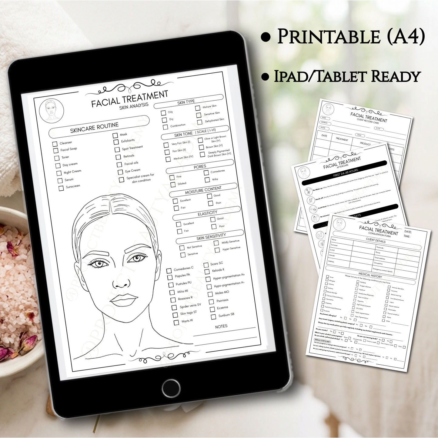Black & White Facial Treatment Forms | 6-Page Ink-Friendly Esthetician Bundle | Digital Download