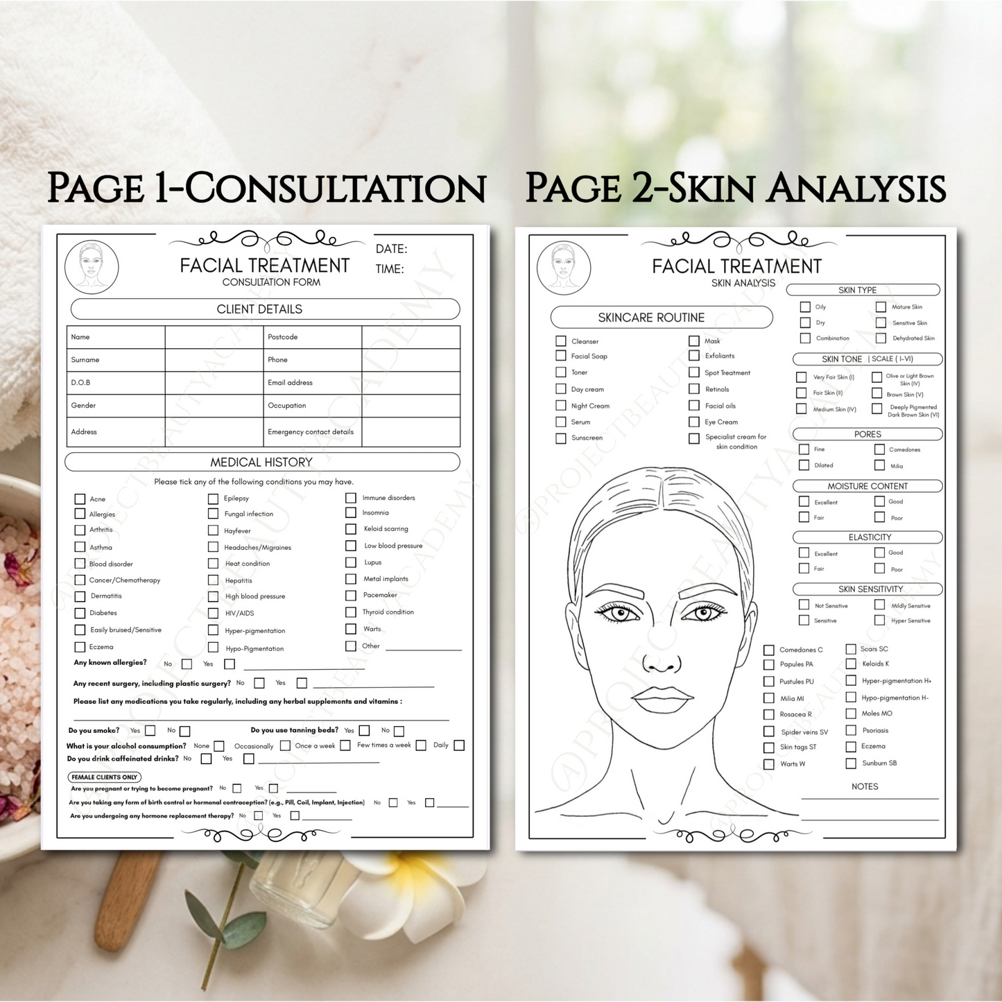 Ultimate Facial Treatment Bundle | 12-Page Pink & Black/White Esthetician Forms | Skincare Consultation & Consent