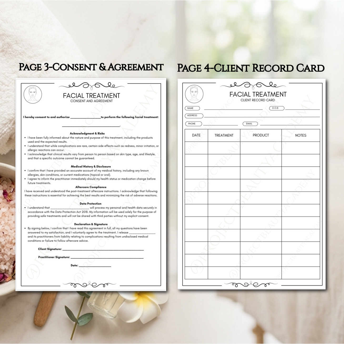 Black & White Facial Treatment Forms | 6-Page Ink-Friendly Esthetician Bundle | Digital Download