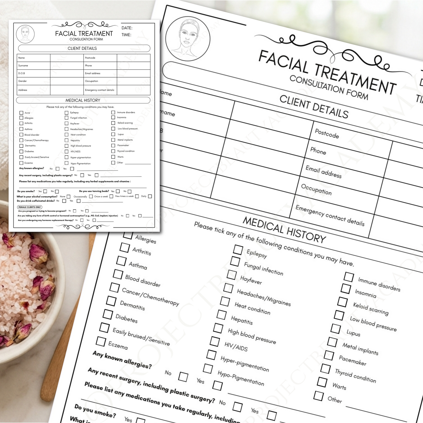 Black & White Facial Treatment Forms | 6-Page Ink-Friendly Esthetician Bundle | Digital Download