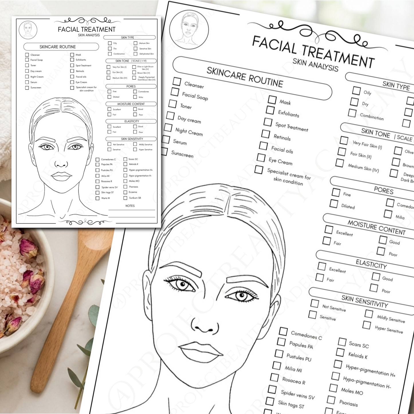 Black & White Facial Treatment Forms | 6-Page Ink-Friendly Esthetician Bundle | Digital Download