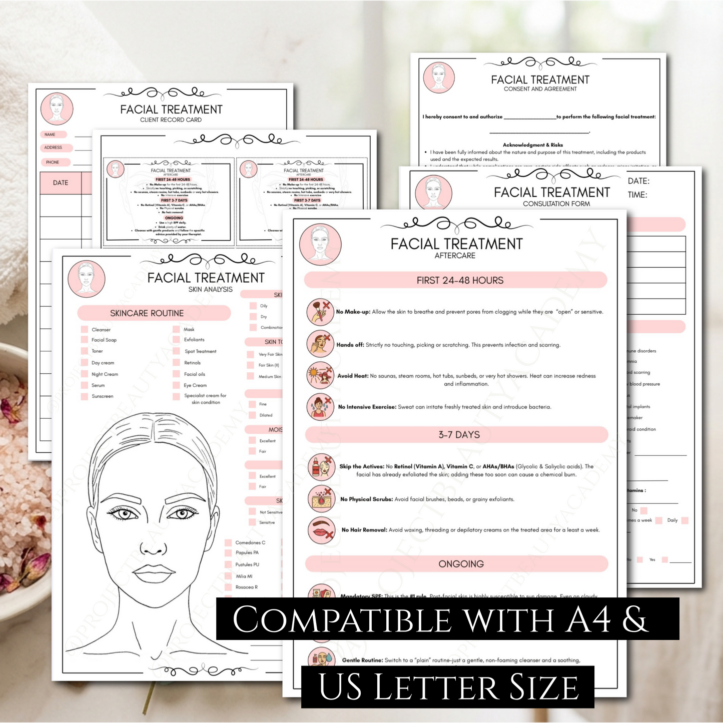 Ultimate Facial Treatment Bundle | 12-Page Pink & Black/White Esthetician Forms | Skincare Consultation & Consent