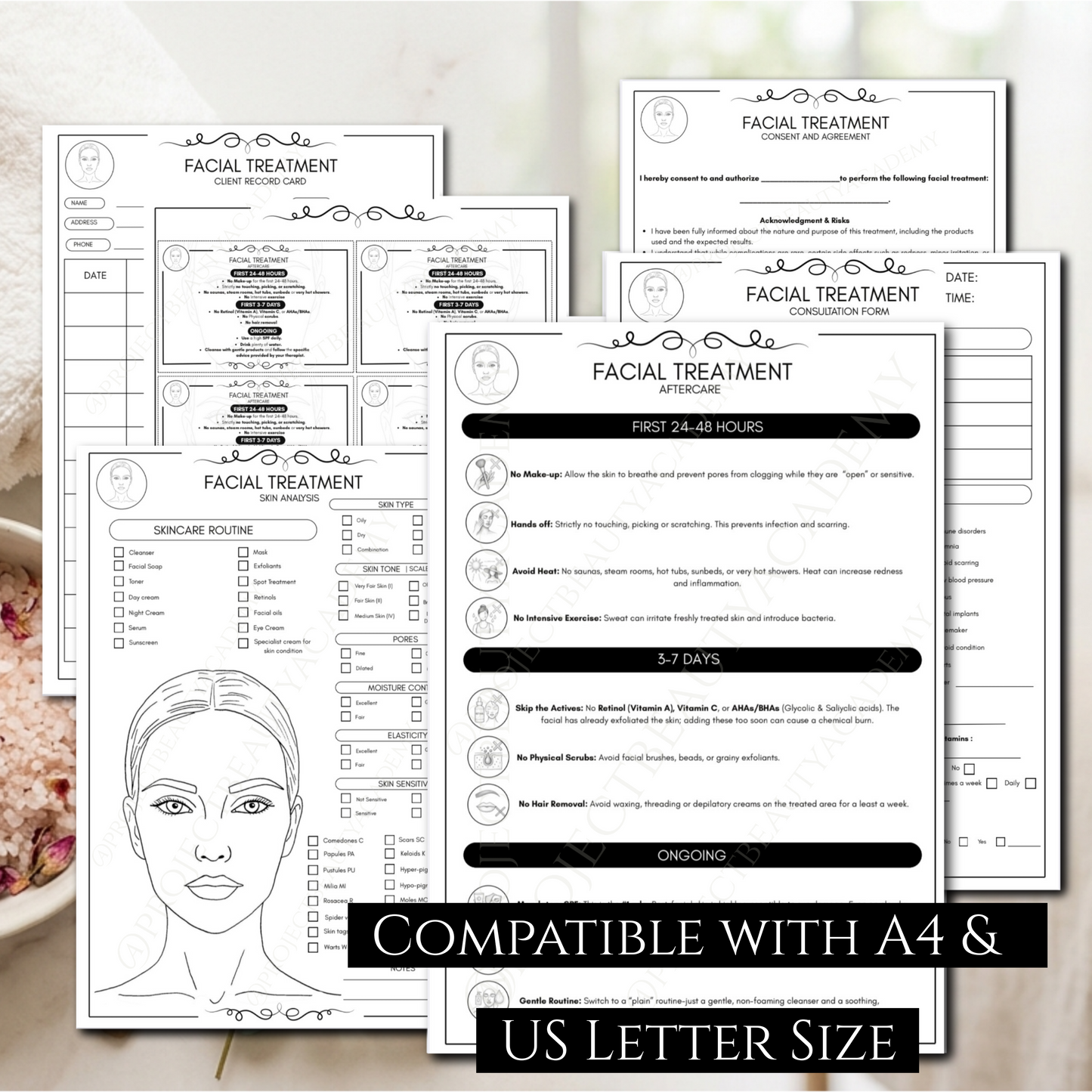 Black & White Facial Treatment Forms | 6-Page Ink-Friendly Esthetician Bundle | Digital Download