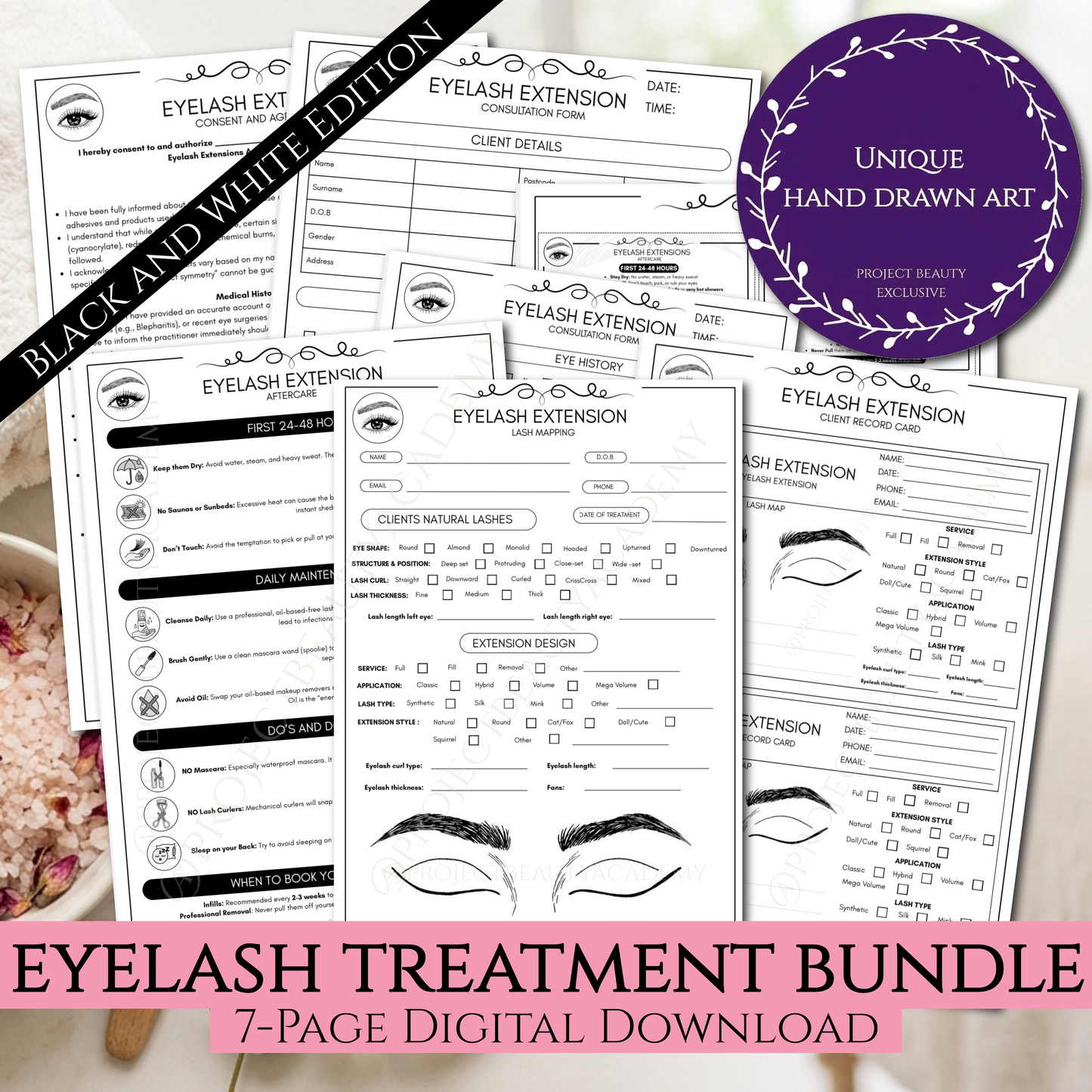 Black & White Eyelash Extension Forms | 7-Page Ink-Friendly Lash Artist Bundle | Digital Download