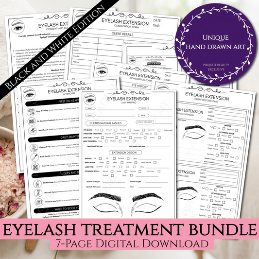 Black & White Eyelash Extension Forms | 7-Page Ink-Friendly Lash Artist Bundle | Digital Download