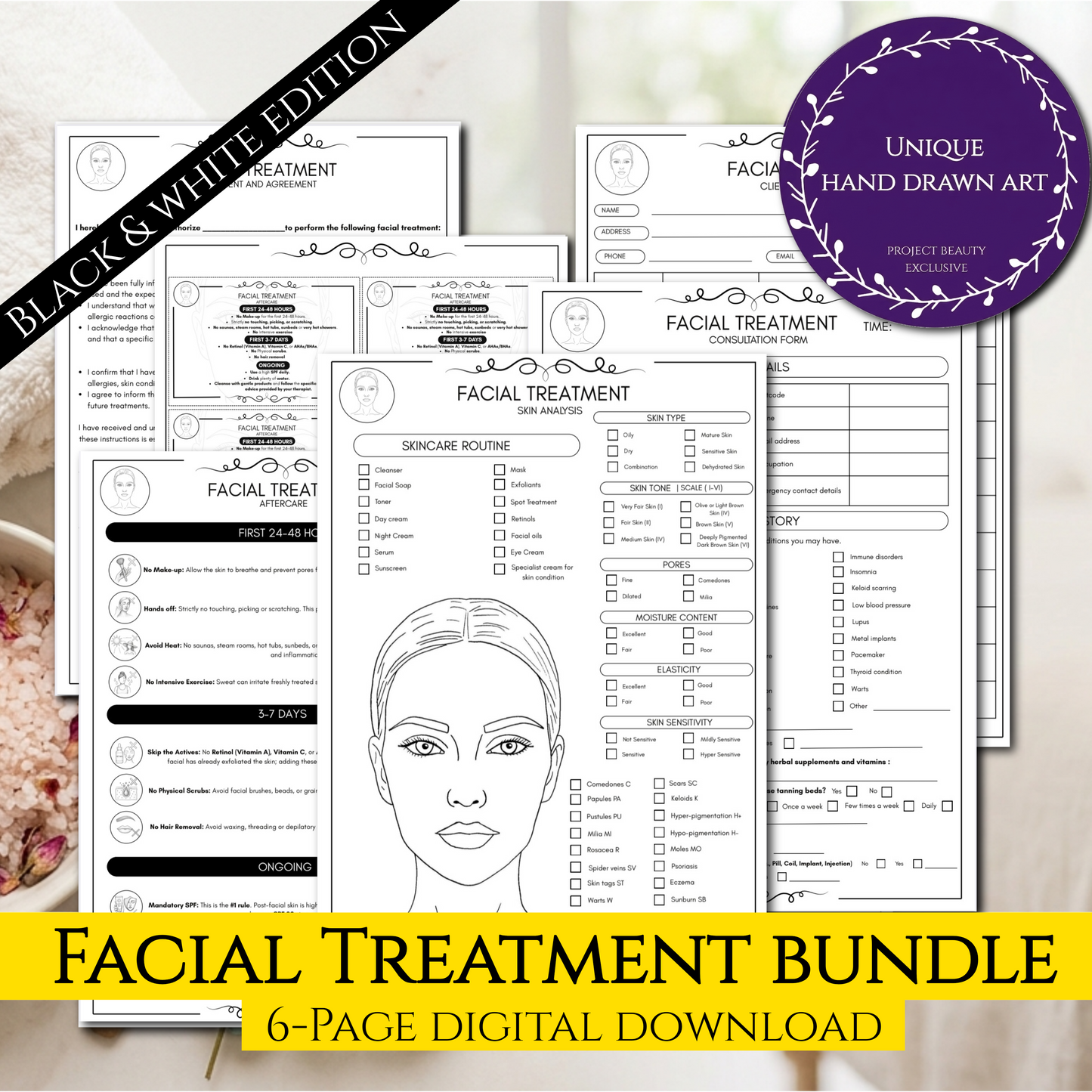 Black & White Facial Treatment Forms | 6-Page Ink-Friendly Esthetician Bundle | Digital Download