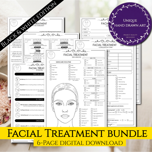 Black & White Facial Treatment Forms | 6-Page Ink-Friendly Esthetician Bundle | Digital Download